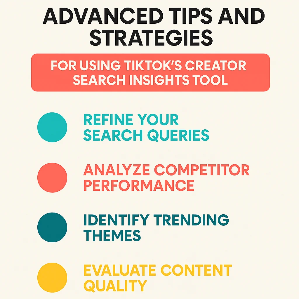 Infographic detailing advanced tips and strategies for maximizing TikTok’s Creator Search Insights tool.