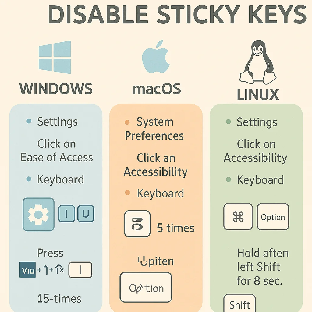 Infographic showing methods to disable Sticky Keys on Windows, MacOS, and Linux.