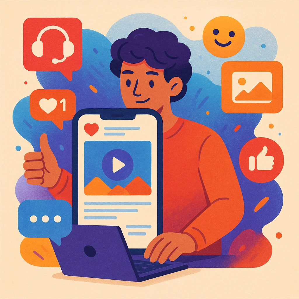 Illustration of a person posting high-quality content consistently and engaging with their audience using various multimedia elements.