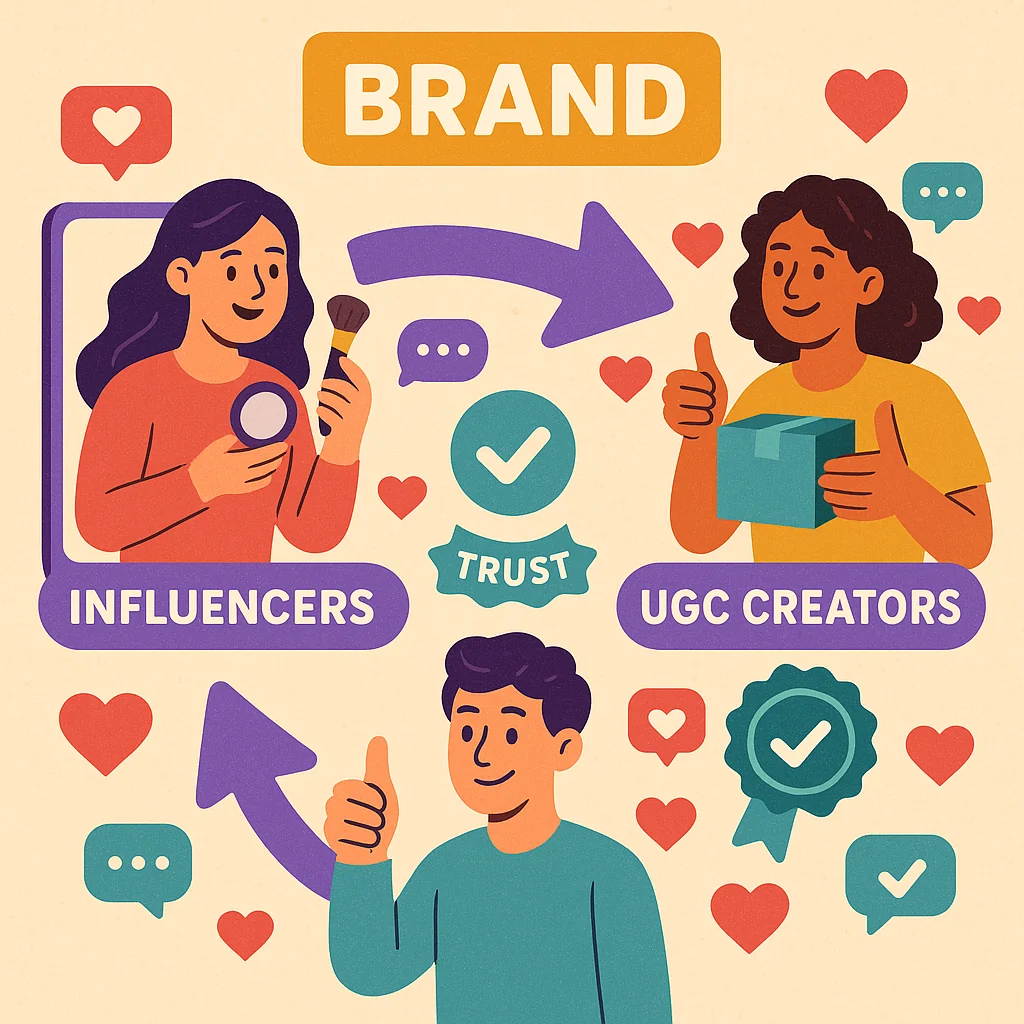 Illustration showing a brand's transition from influencer marketing to UGC, highlighting authenticity, engagement, and consumer trust.