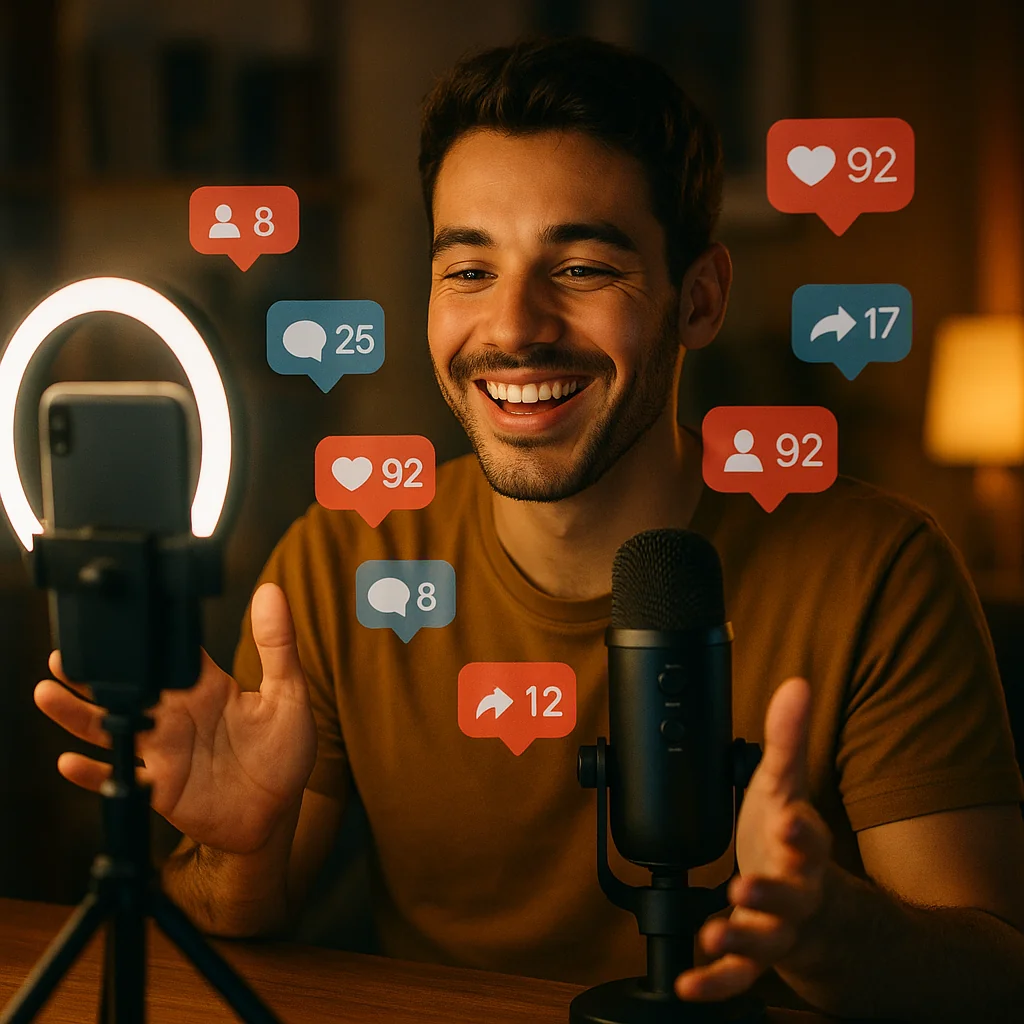 A content creator engaging with a growing audience on social media, showcasing likes, comments, and shares.