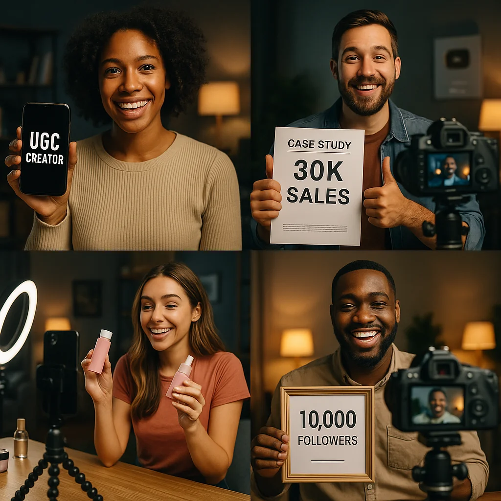 Collage of successful user-generated content creators showcasing their content and achievements.