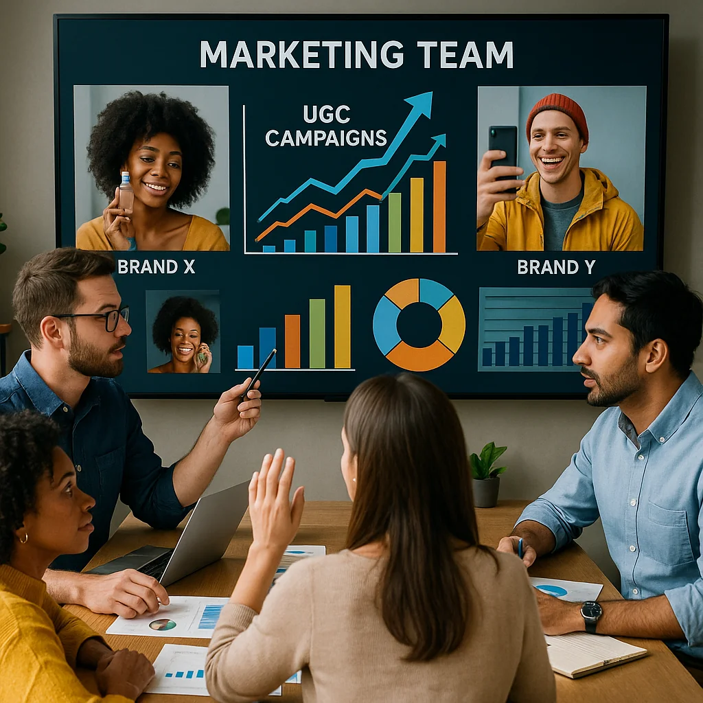 Marketing team analyzing data on successful UGC campaigns from Brand X and Brand Y, showcasing key takeaways.