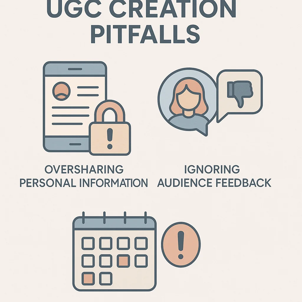 Infographic highlighting common pitfalls in user-generated content creation, including oversharing personal information, ignoring audience feedback, and inconsistent posting.