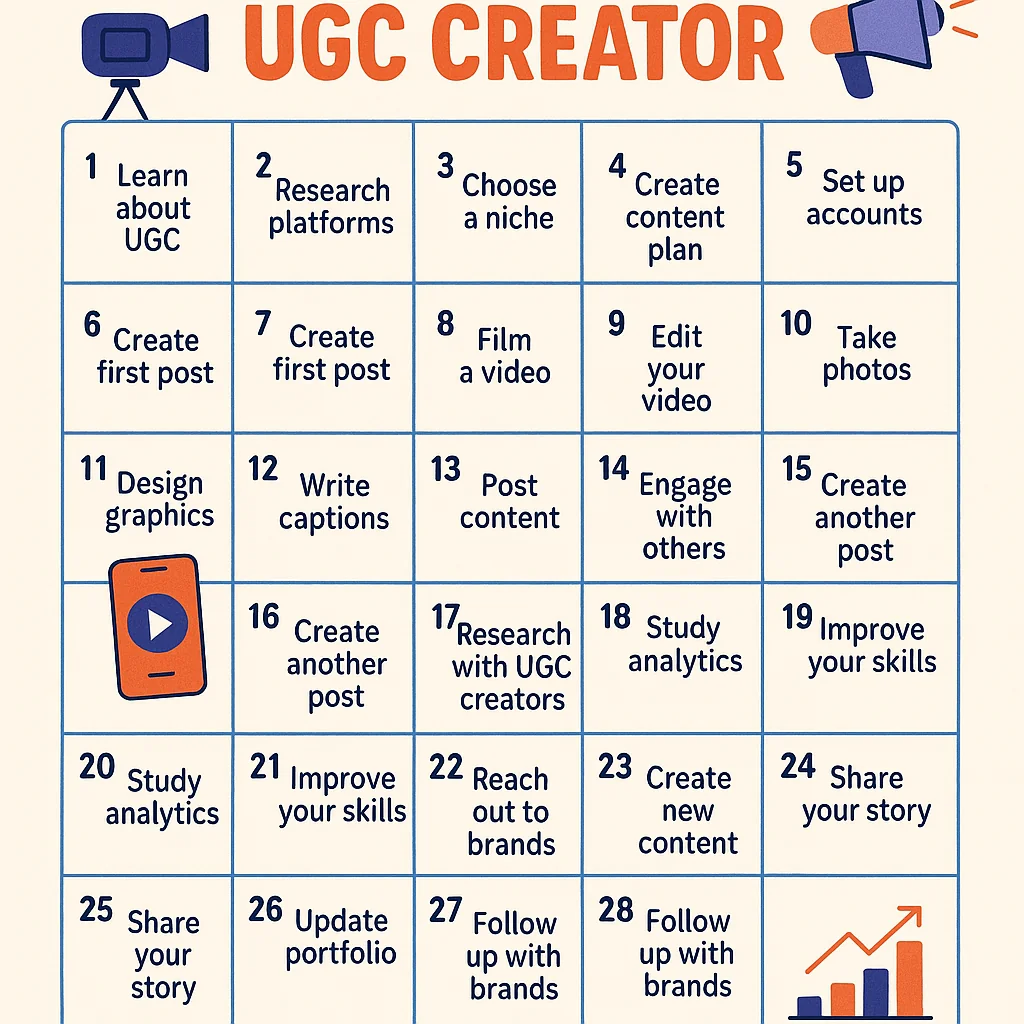Illustration of a 30-day calendar with daily tasks for becoming a UGC creator, including content creation, engagement, and progress tracking.
