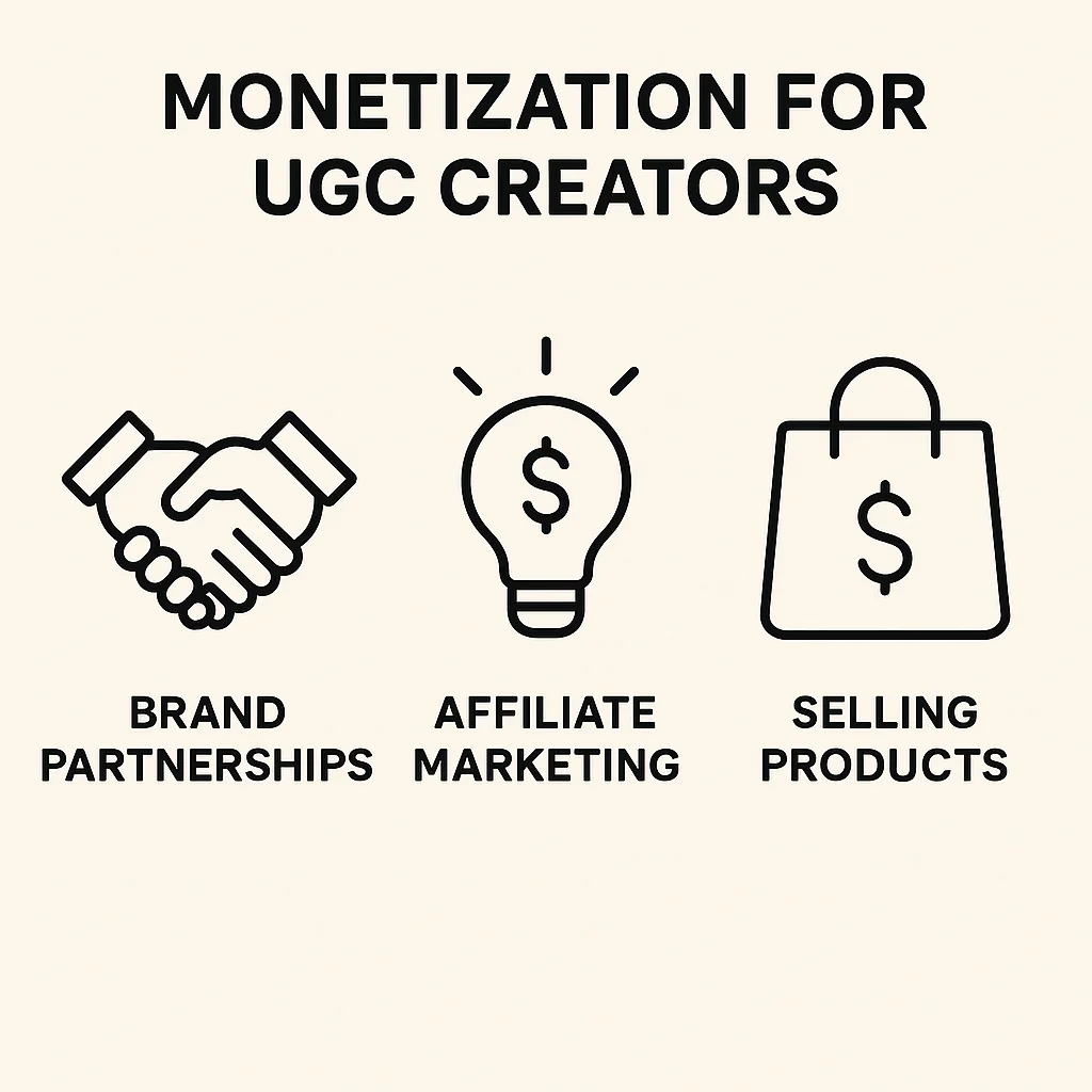 Infographic illustrating different monetization methods for UGC creators, including brand partnerships, affiliate marketing, and selling products.