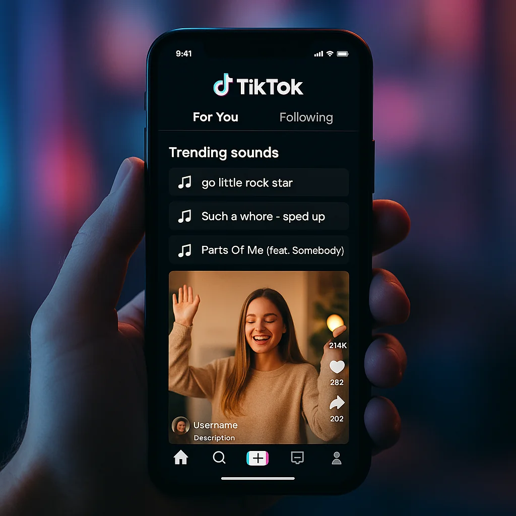 A TikTok For You page showcasing trending sounds with users interacting with the content.