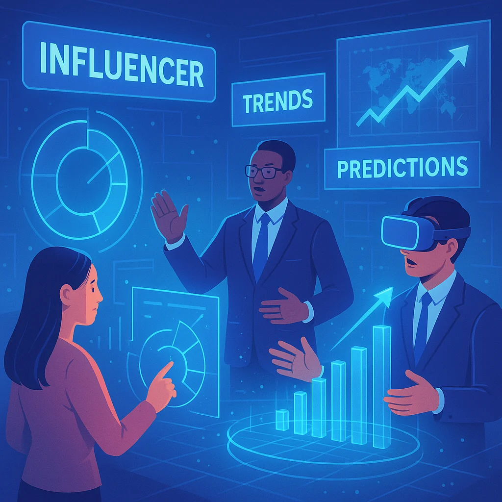 Futuristic illustration showing emerging trends and predictions for influencer marketing in 2025 with holographic charts and VR elements.