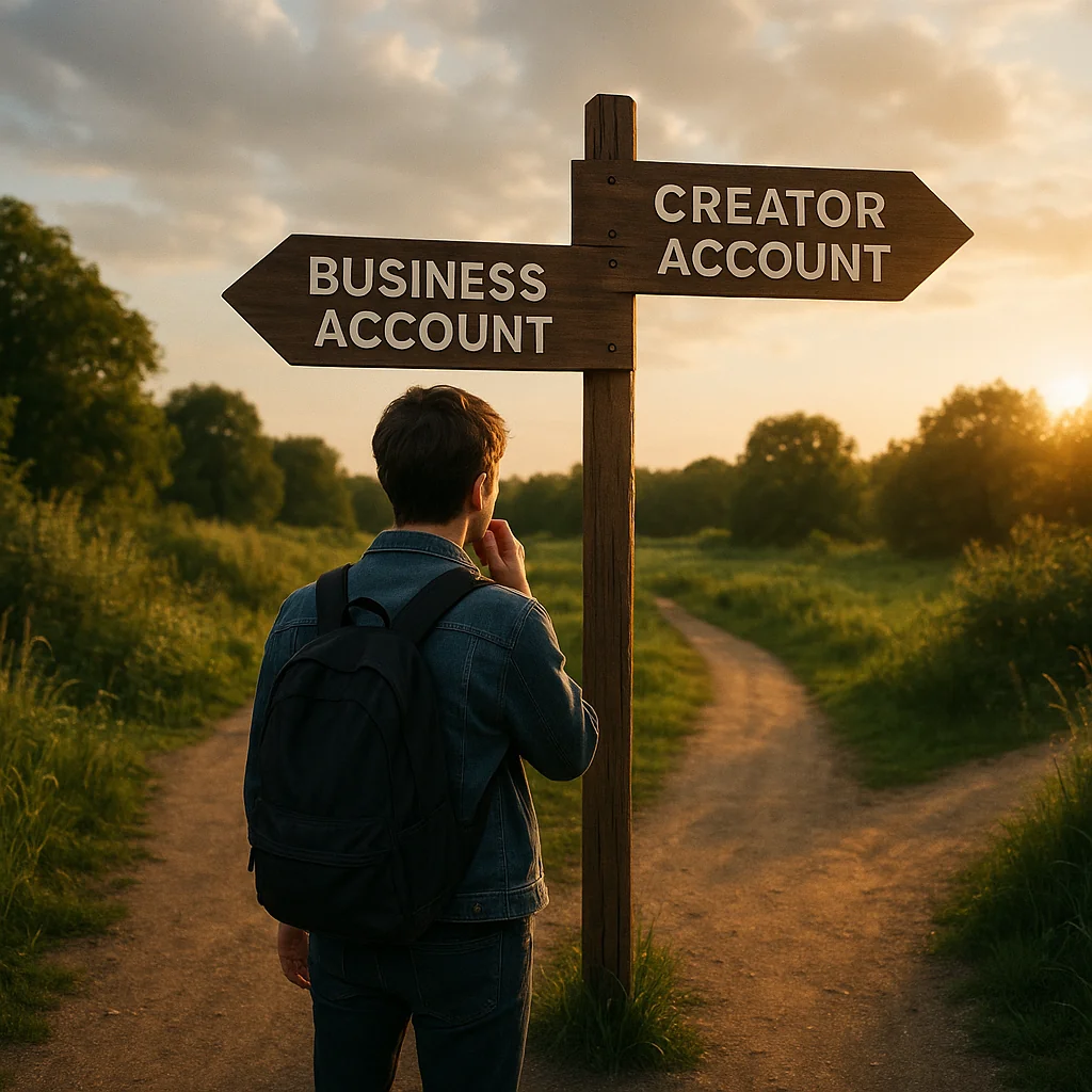 Person at a crossroads deciding between TikTok Business and Creator accounts.