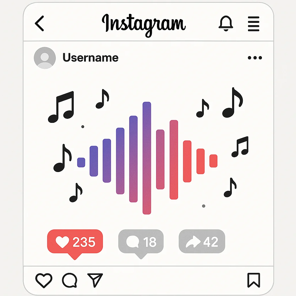 Illustration of an Instagram interface highlighting trending audio waveforms and engagement metrics.