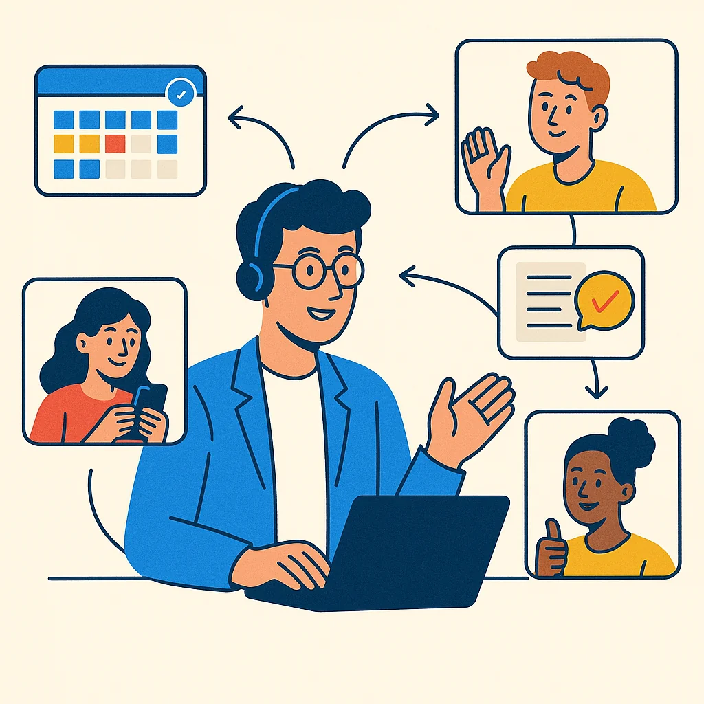 Illustration of a manager coordinating with UGC creators using digital tools, highlighting best practices for effective collaboration.