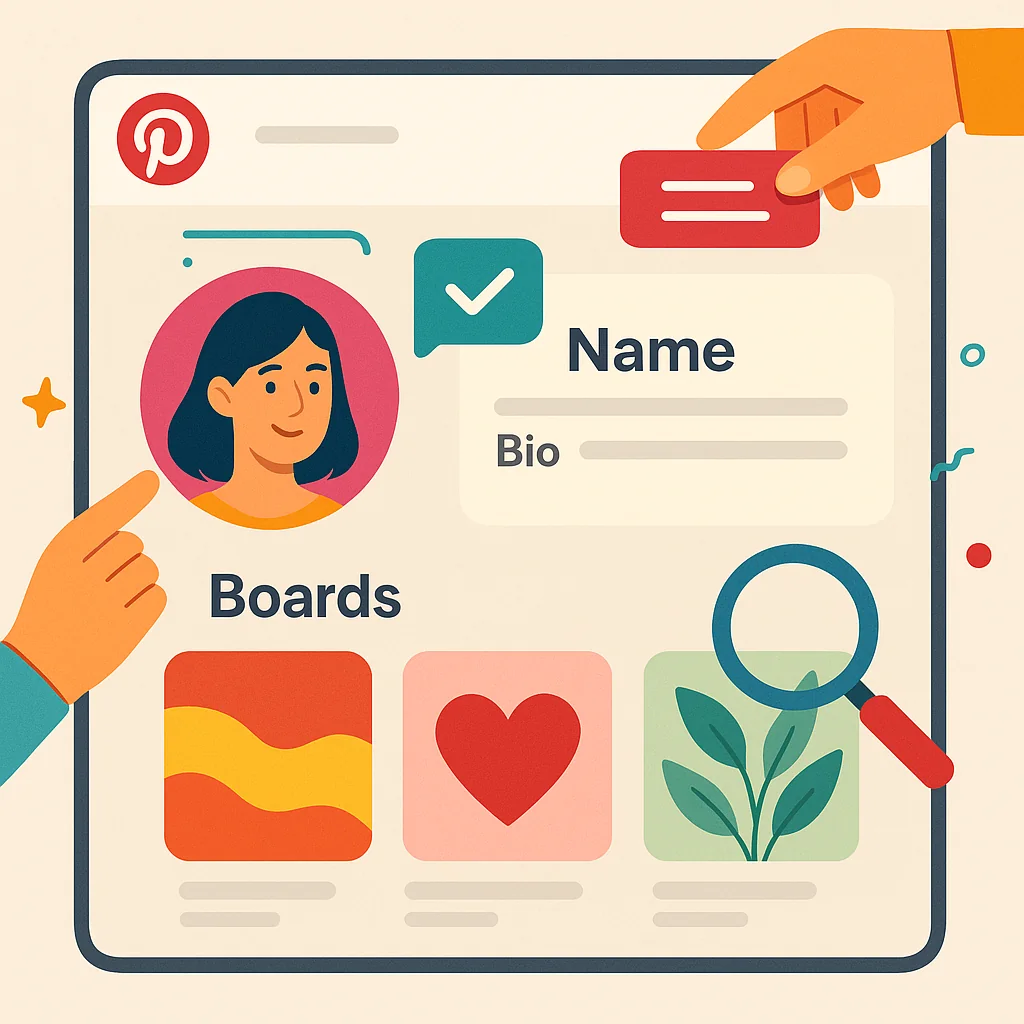 Illustration of a Pinterest profile page showing various elements being optimized for better visibility and follower growth.