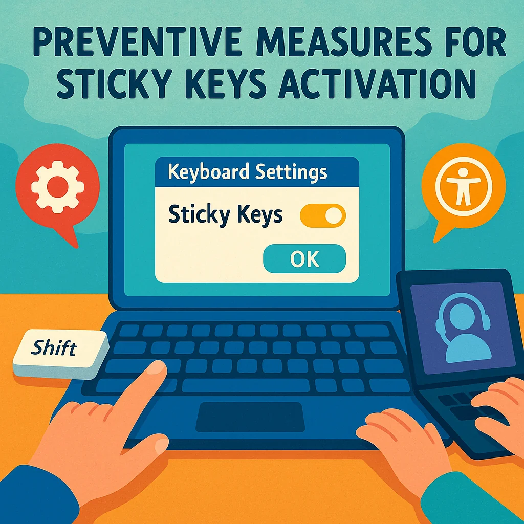 Illustration showing preventive measures for Sticky Keys activation, including adjusting keyboard settings and using alternative accessibility features.