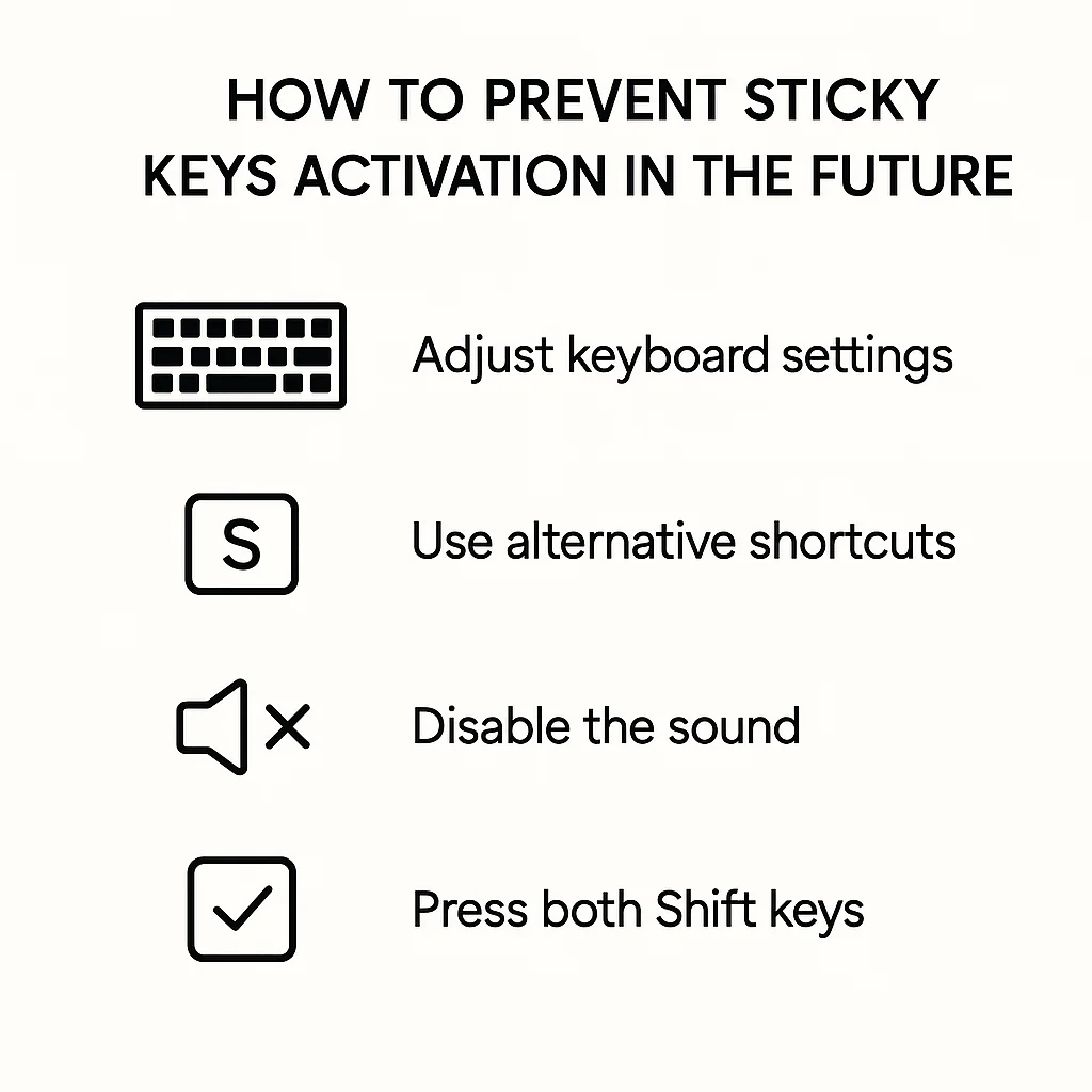 Chart showing tips to prevent Sticky Keys activation, including adjusting keyboard settings and using alternative shortcuts.