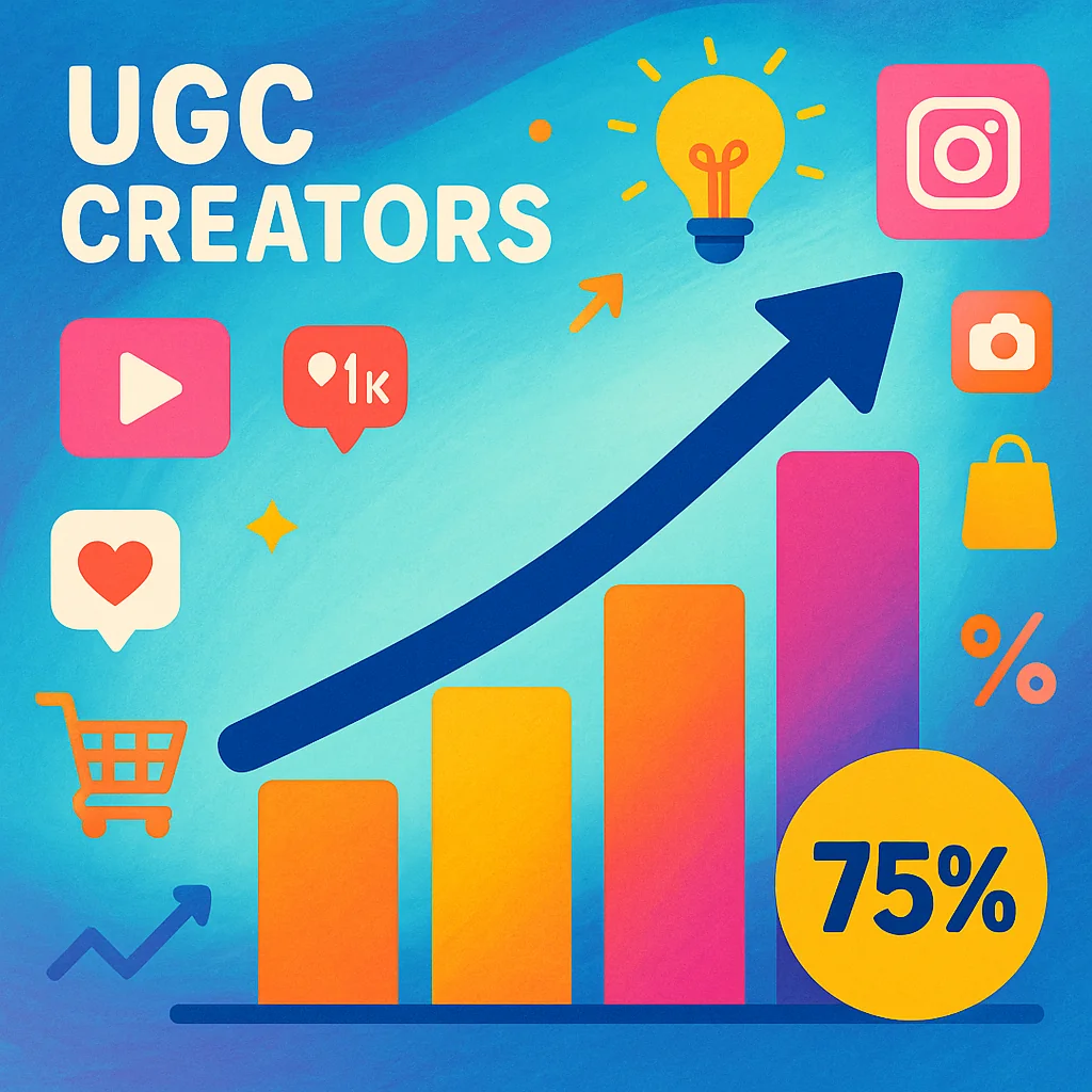 Illustration of a graph showing the rise of UGC creators in 2025 with social media icons and e-commerce symbols.