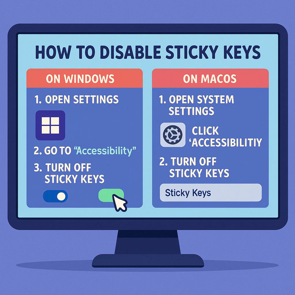 Illustration showing step-by-step instructions for disabling Sticky Keys on Windows and macOS.