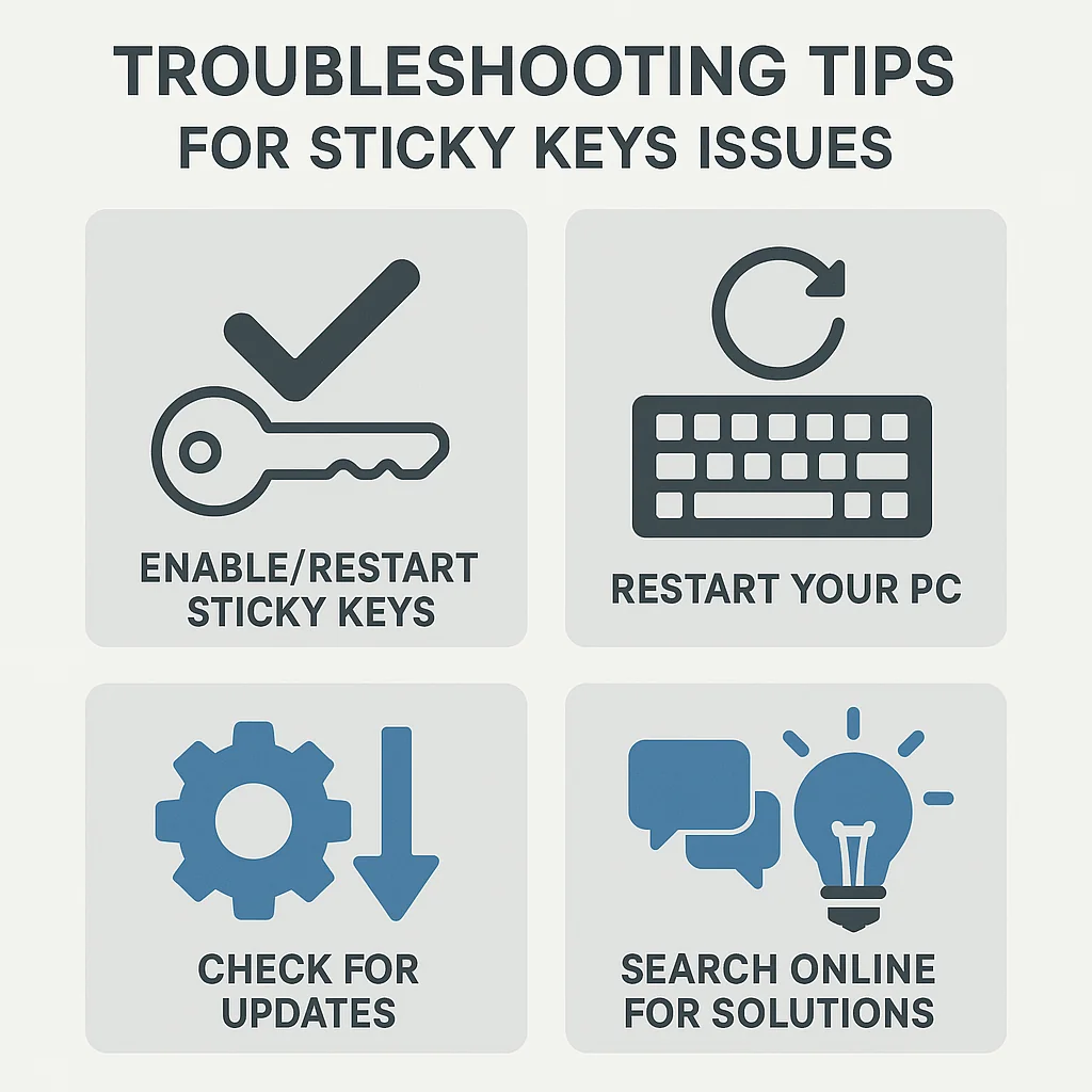 Infographic showing troubleshooting tips for Sticky Keys issues, including software updates and community solutions.