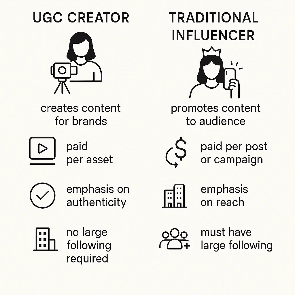 Infographic comparing UGC creators and traditional influencers, highlighting key differences.