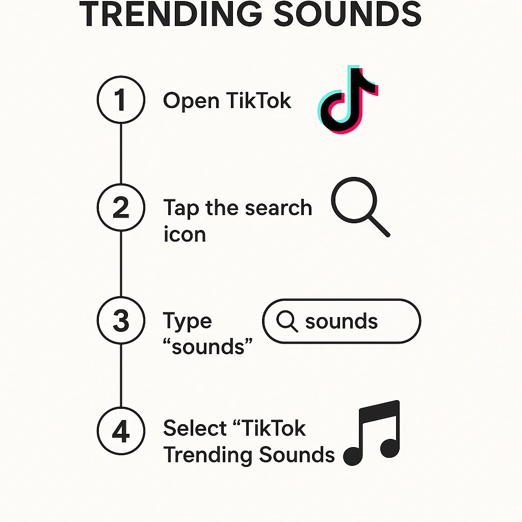 Infographic showing a step-by-step guide on using TikTok’s search function to find trending sounds.