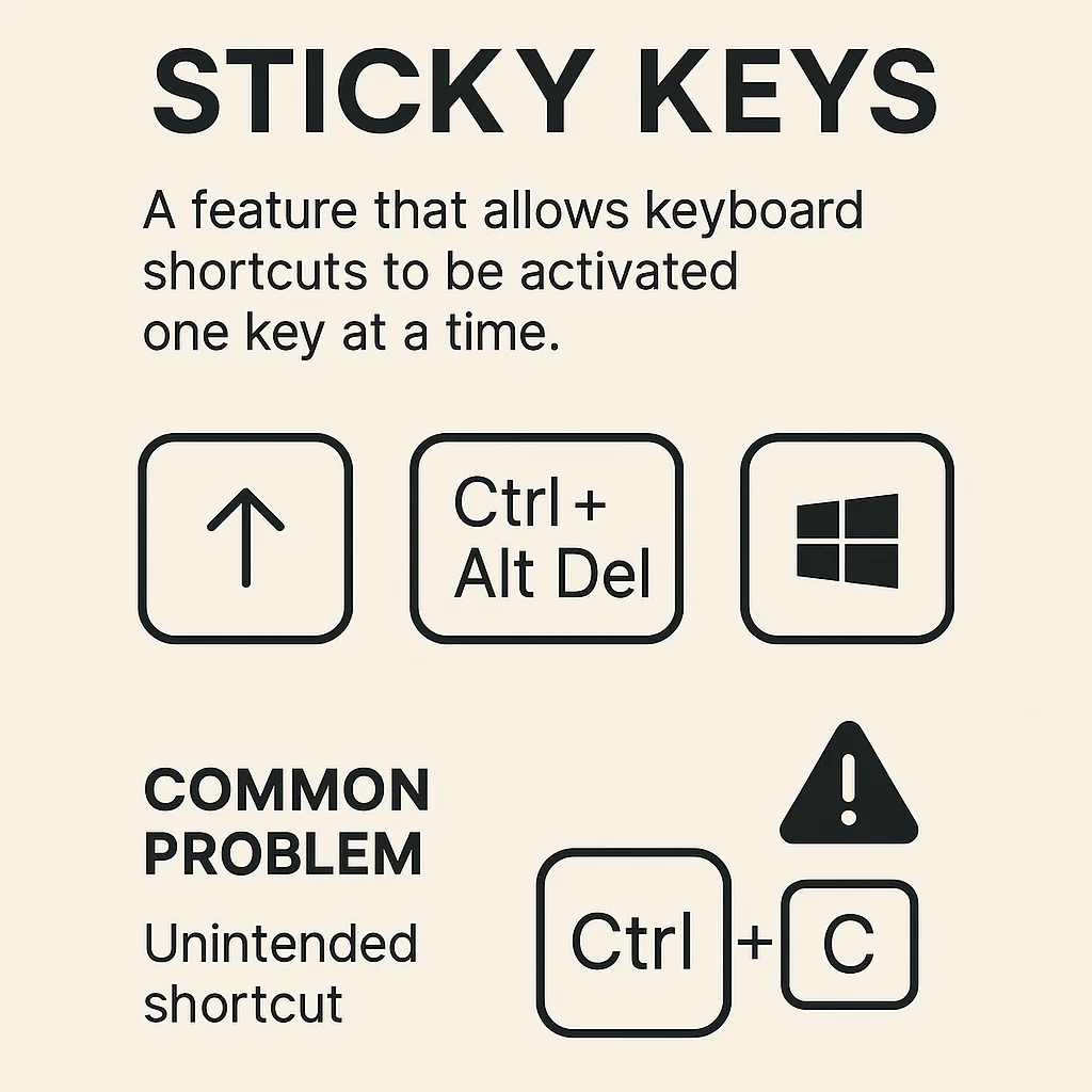 Infographic explaining what sticky keys are and the common issues they cause, such as unintended keyboard shortcuts.