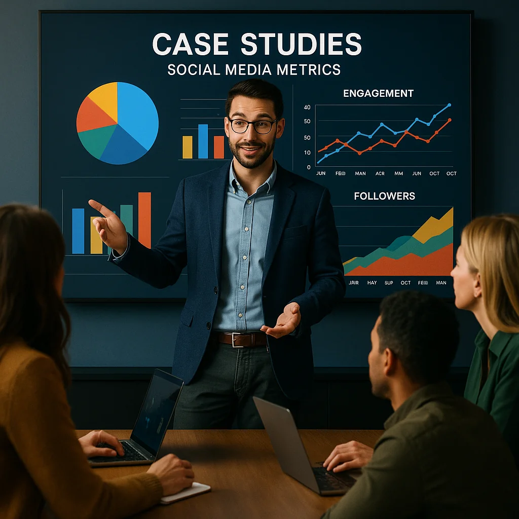 Marketer presenting case studies on social media metrics to a team, with charts and graphs on a large screen.