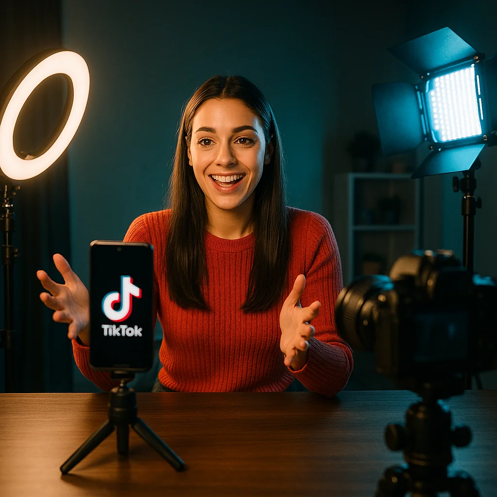 A TikTok influencer recording a video with professional lighting and camera setup, representing collaboration with influencers.