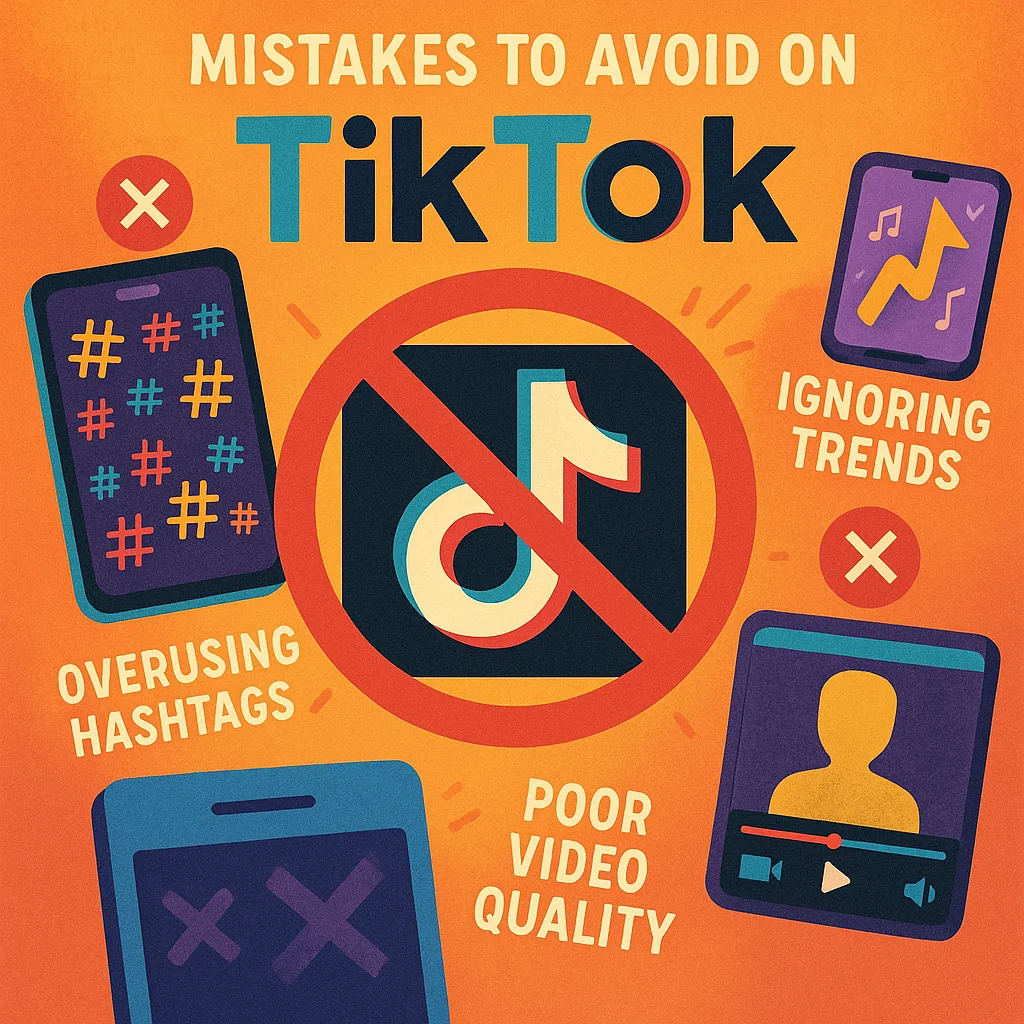 Illustration highlighting common mistakes to avoid on TikTok, including overusing hashtags, ignoring trends, and poor video quality.