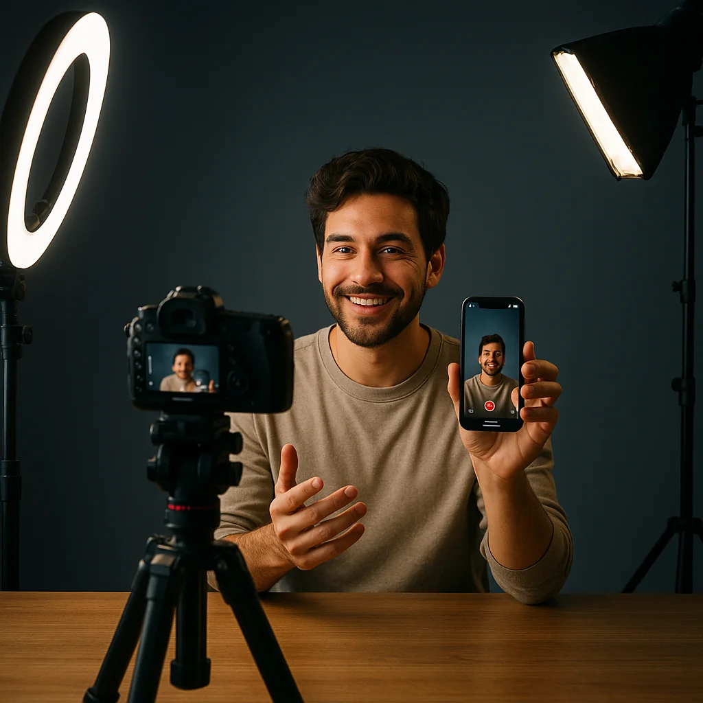 A content creator filming a high-quality and engaging Instagram Reel with professional equipment.