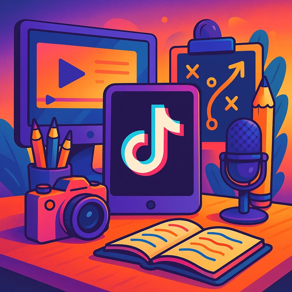 Illustration of a creative workspace with TikTok logo, content creation tools, and strategy charts, representing a winning TikTok marketing strategy.
