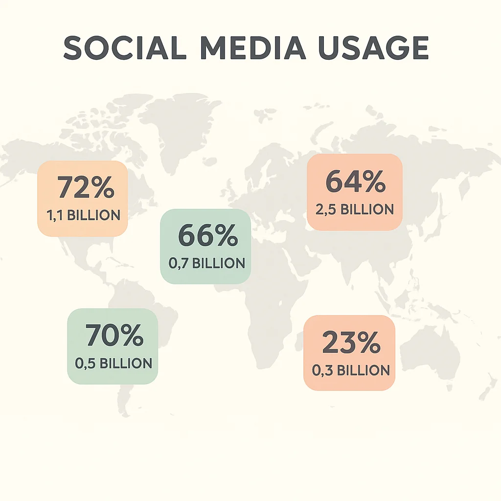 Infographic displaying a world map with highlighted regions indicating social media usage statistics in 2025.
