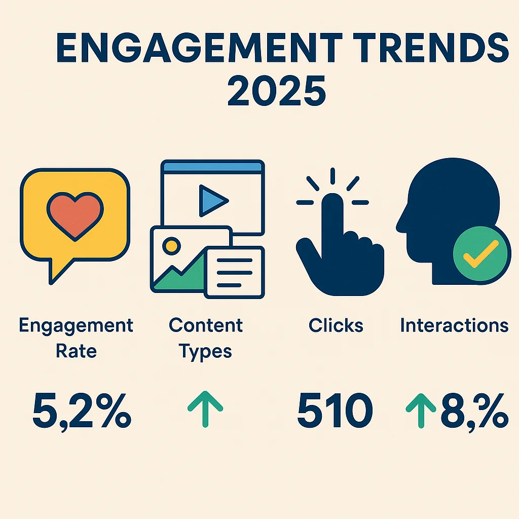 Infographic displaying key engagement metrics and trends for social media in 2025, including engagement rates and content types.