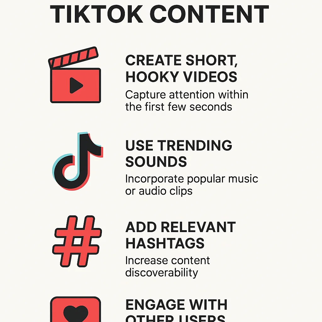 Infographic detailing best practices for optimizing TikTok content, including video creation tips and engagement tactics.