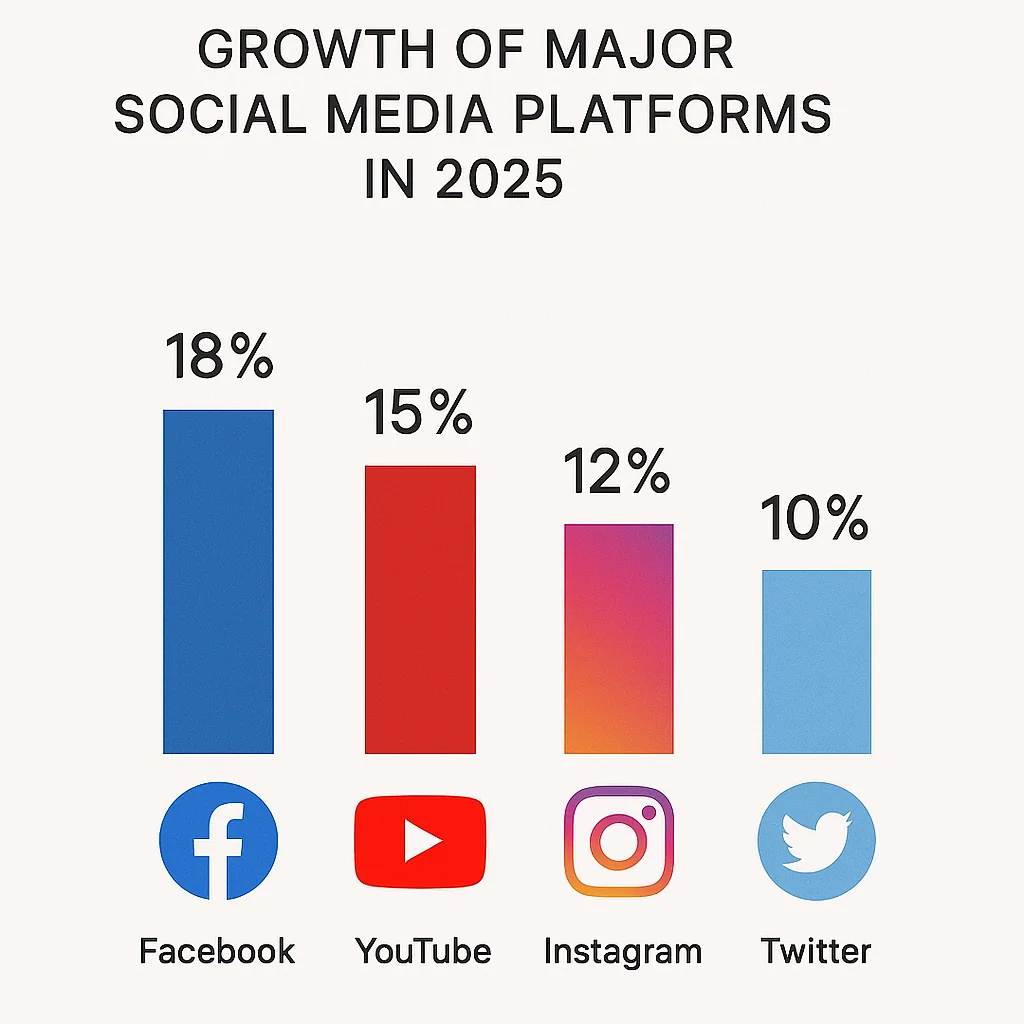 Chart showing the growth of major social media platforms in 2025 with platform logos and growth percentages.